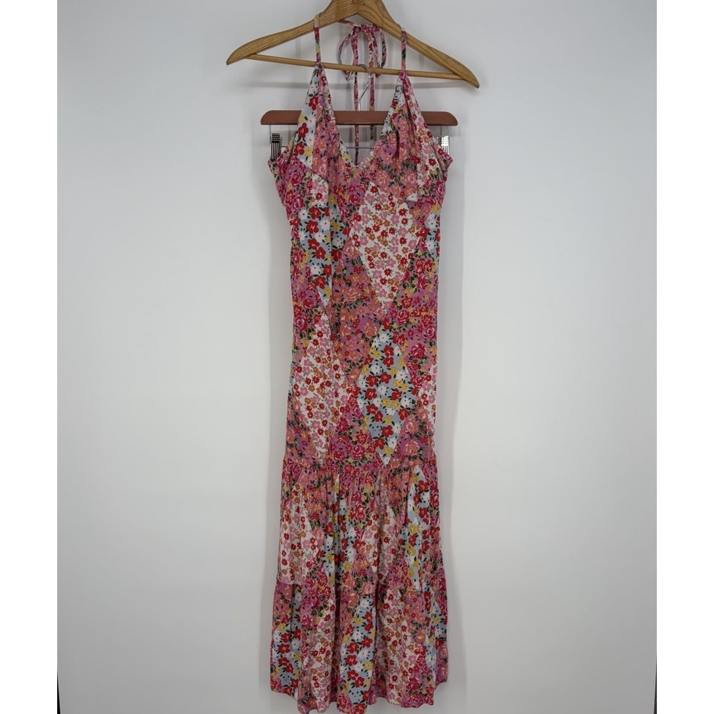 Angie Floral Maxi Dress L Pink Cutout Keyhole Halter Rayon Hippie Boho Fairy Fem